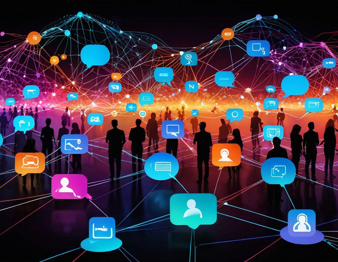 A vibrant digital network landscape featuring diverse people interacting through glowing connections and threads symbolizing online communication. Show visual elements like chat bubbles, social media icons, and interconnected nodes illustrating networking. Ensure a lively, dynamic atmosphere with warm colors and a sense of collaboration. Include technology motifs like laptops or smartphones to emphasize the online aspect. super-realistic. vibrant colors. 3D.