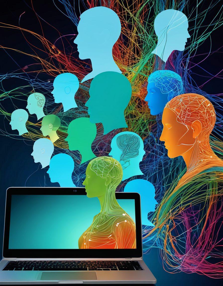 An abstract representation of interconnected human heads symbolizing diverse thoughts and ideas, with colorful threads weaving between them to represent online discussions. A glowing laptop in the foreground, displaying a vibrant discussion board, surrounded by digital icons of communication. The background is a blend of soft blues and greens to evoke a sense of community and connection. super-realistic. vibrant colors. digital art.